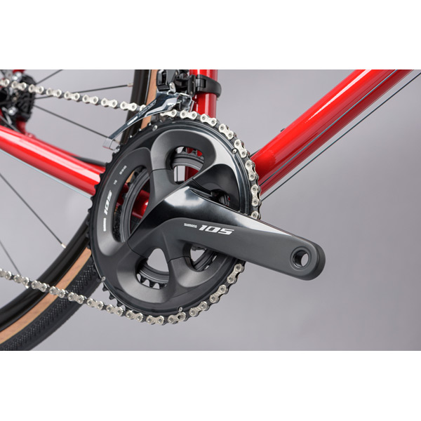 Equilibrium Disc Large Road Bike – Reynolds 725 Tubing, Shimano 105, Hydraulic Disc Brakes – Red 9 Close-up of Shimano 105 FC-R7000 crankset with compact gearing