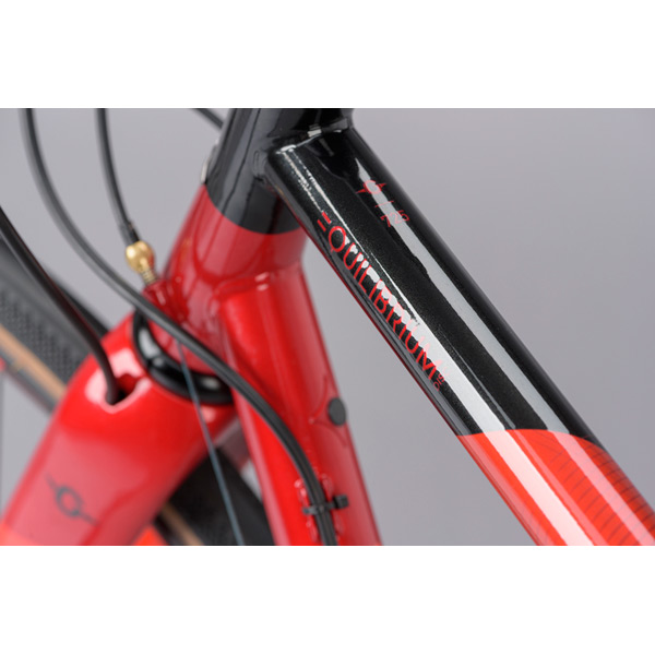 Equilibrium Disc Large Road Bike – Reynolds 725 Tubing, Shimano 105, Hydraulic Disc Brakes – Red 13 Head Tube Frame of Equilibrium Disc Large Red showing Reynolds 725