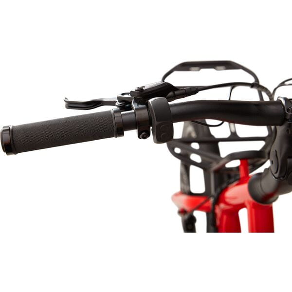 Errand Red 2024 – 20" Urban Utility Electric Bike – Promovec Hub Drive – Front Rack – Red 6 Hydraulic brakes in action on red bike