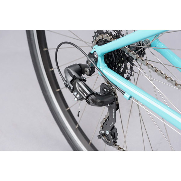 Comet Open Frame Large Hybrid Bike – Black & Green – Reliable, Comfortable, and Durable 12 Rear derailleur close-up on Comet Open Frame Large Green Hybrid Bike