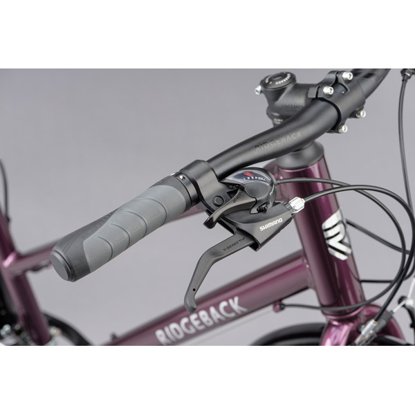 Ridgeback Speed Open Frame Large Grey Utility Bike – All-Weather Hybrid for City & Commute 8 Ridgeback Speed Purple Utility Bike Handlebar Close-Up