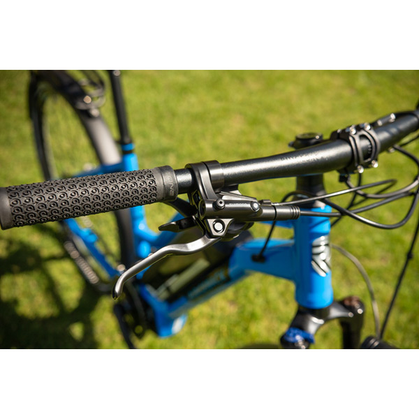 Arcus 2 Open Frame E-Bike – Blue | 250W Motor, 55km Range, All-Terrain Comfort 17 Front Brake Detail of Silver Electric Cargo Bike for Precision Stopping