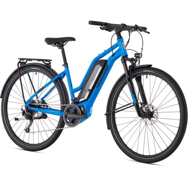Arcus 2 Open Frame E-Bike – Blue | 250W Motor, 55km Range, All-Terrain Comfort 5 Silver Electric Cargo Bike Front View with Large Storage Rack