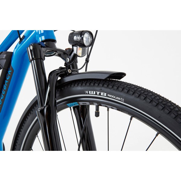 Arcus 2 Open Frame E-Bike – Blue | 250W Motor, 55km Range, All-Terrain Comfort 9 LED Headlight of Silver Electric Cargo Bike for Night Riding