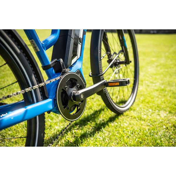 Arcus 2 Open Frame E-Bike – Blue | 250W Motor, 55km Range, All-Terrain Comfort 16 Silver Electric Cargo Bike Side View with Paddle